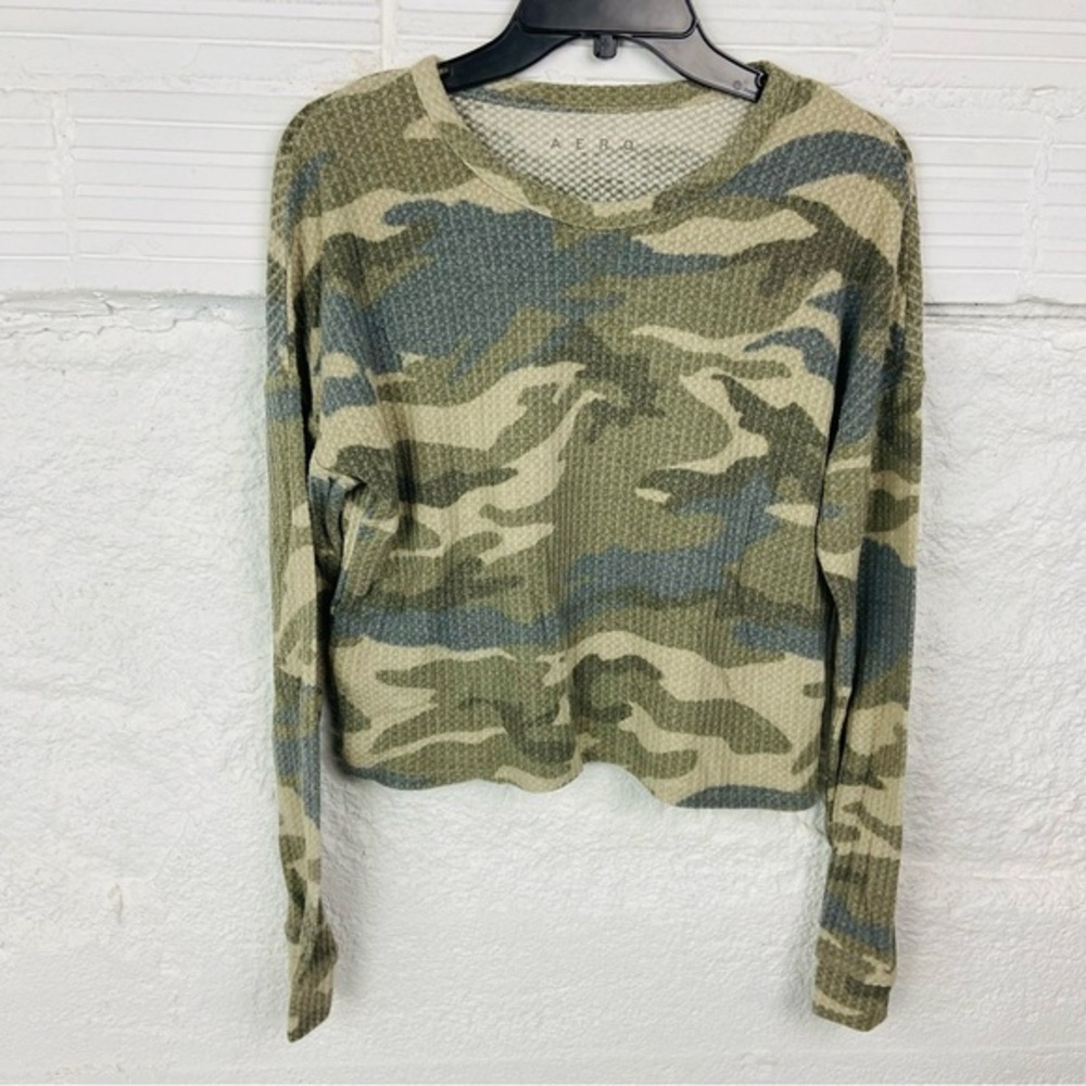 Aeropostale Camo Long Sleeve Women’s waffle thermal knit twist front Top SZ S